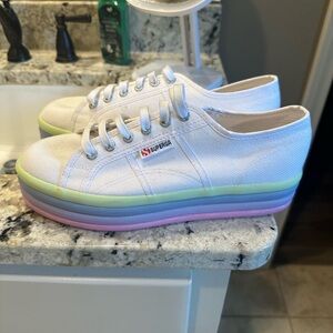 Superga White and Green Sneakers with Rainbow Sole
